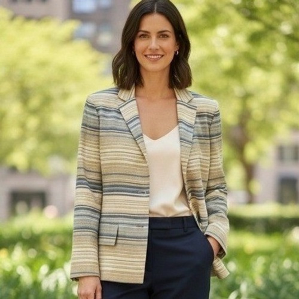 Oscar de la Renta Vintage Striped Blazer Blue Yellow Cotton Blend Size‎ 10